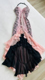 Pink Spaghetti Strap Sweetheart Neck Chiffon Prom Dress Lace Applique Party Dresses HZ1024