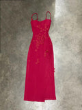 Red Spaghetti Strap Satin Bodycon Long Prom Dresses Evening Dresses with Slit HZ1024