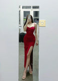 Red Spaghetti Strap Satin Bodycon Long Prom Dresses Evening Dresses with Slit HZ1024