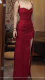 Red Spaghetti Strap Satin Bodycon Long Prom Dresses Evening Dresses with Slit HZ1024