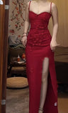 Red Spaghetti Strap Satin Bodycon Long Prom Dresses Evening Dresses with Slit HZ1024