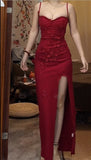 Red Spaghetti Strap Satin Bodycon Long Prom Dresses Evening Dresses with Slit HZ1024
