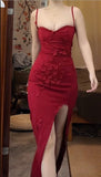 Red Spaghetti Strap Satin Bodycon Long Prom Dresses Evening Dresses with Slit HZ1024