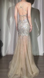 Spaghetti Straps Glitter Sequin Mermaid Elegant Formal Evening Dress Tulle V-Neck Backless Long Prom Dresses HZ1024