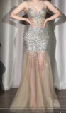 Spaghetti Straps Glitter Sequin Mermaid Elegant Formal Evening Dress Tulle V-Neck Backless Long Prom Dresses HZ1024