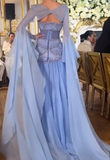 Purple Sheath Tulle Beaded Sleeves Long Prom Dresses HZ1024