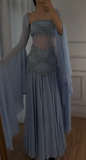 Purple Sheath Tulle Beaded Sleeves Long Prom Dresses HZ1024
