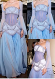 Purple Sheath Tulle Beaded Sleeves Long Prom Dresses HZ1024