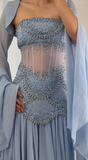 Purple Sheath Tulle Beaded Sleeves Long Prom Dresses HZ1024