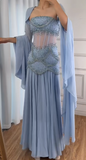 Purple Sheath Tulle Beaded Sleeves Long Prom Dresses HZ1024