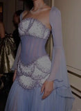 Purple Sheath Tulle Beaded Sleeves Long Prom Dresses HZ1024
