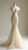 Ivory V-neck Tulle Mermaid Lace Applique Wedding Dress Simple Evening Dress HZ1024