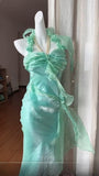Green Chiffon Satin Sheath Party Dresses Halter Neck 3D Applique Cocktail Dress HZ1024