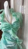 Green Chiffon Satin Sheath Party Dresses Halter Neck 3D Applique Cocktail Dress HZ1024