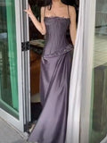 Dark Gray Purple Spaghetti Straps Sheath Satin Evening Dress Long Prom Dresses HZ1024