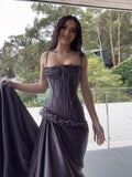Dark Gray Purple Spaghetti Straps Sheath Satin Evening Dress Long Prom Dresses HZ1024