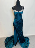 Dark Teal Spaghetti Strap Mermaid Satin Beaded Formal Evening Dress Long Prom Dresses HZ1024
