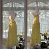 Butter Yellow Spaghetti Straps A-line Tulle Beaded Long Prom Dresses Backless Evening Gowns HZ1024