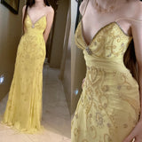 Butter Yellow Spaghetti Straps A-line Tulle Beaded Long Prom Dresses Backless Evening Gowns HZ1024