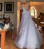 Lilac Strapless Tulle A-Line Long Prom Dresses Unique Wedding Dresses HZ1024