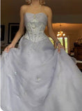 Lilac Strapless Tulle A-Line Long Prom Dresses Unique Wedding Dresses HZ1024