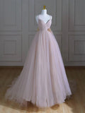 V Neck Tulle Pink Long Prom Dress, Pink Tulle Long Formal Dress HZ1024