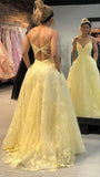 Yellow Spaghetti Straps Tulle Lace Applique A-Line Wedding Dress Formal Evening Dress HZ1024