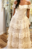 Ivory Off Shoulder Tulle Lace A-line Wedding Dress HZ1024