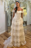 Ivory Off Shoulder Tulle Lace A-line Wedding Dress HZ1024