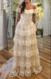 Ivory Off Shoulder Tulle Lace A-line Wedding Dress HZ1024