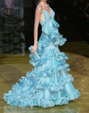 Blue Spaghetti Straps Chiffon Mermaid Formal Evening Dress Unique Prom Dress HZ1024