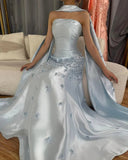 Gray Blue Satin A-Line Strapless Wedding Dress Formal Evening Dress HZ1024