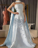 Gray Blue Satin A-Line Strapless Wedding Dress Formal Evening Dress HZ1024