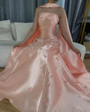 Gray Blue Satin A-Line Strapless Wedding Dress Formal Evening Dress HZ1024