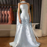 Gray Blue Satin A-Line Strapless Wedding Dress Formal Evening Dress HZ1024