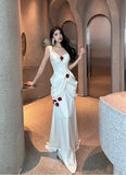 White Satin Mermaid Off-the-shoulder Long Prom Dresses Simple Formal Evening Dresses HZ1024