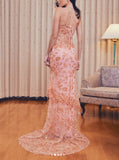 Lace Beaded Spaghetti Straps Tulle Sheath Long Prom Dress Charming Evening Party Dress HZ1024