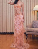 Lace Beaded Spaghetti Straps Tulle Sheath Long Prom Dress Charming Evening Party Dress HZ1024