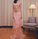 Lace Beaded Spaghetti Straps Tulle Sheath Long Prom Dress Charming Evening Party Dress HZ1024