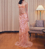 Lace Beaded Spaghetti Straps Tulle Sheath Long Prom Dress Charming Evening Party Dress HZ1024