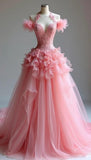 Peach V-Neck A-Line Lace Tulle Wedding Dress Long Prom Dresses HZ1024