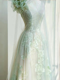 Light Green One Shoulder A-Line Tulle Applique Wedding Dress Formal Evening HZ1024