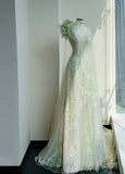 Light Green One Shoulder A-Line Tulle Applique Wedding Dress Formal Evening HZ1024