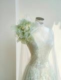 Light Green One Shoulder A-Line Tulle Applique Wedding Dress Formal Evening HZ1024