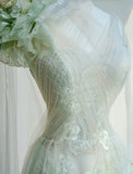 Light Green One Shoulder A-Line Tulle Applique Wedding Dress Formal Evening HZ1024