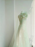 Light Green One Shoulder A-Line Tulle Applique Wedding Dress Formal Evening HZ1024