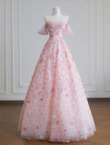 Pink Off-the-shoulder A-Line Tulle Sequin Applique Wedding Dress Sweet 16 Dresses HZ1024