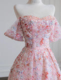 Pink Off-the-shoulder A-Line Tulle Sequin Applique Wedding Dress Sweet 16 Dresses HZ1024
