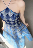 Ocean Blue Halter A-Line Tulle Sequin Wedding Dress Long Prom Dress HZ1024