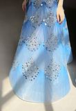 Ocean Blue Halter A-Line Tulle Sequin Wedding Dress Long Prom Dress HZ1024